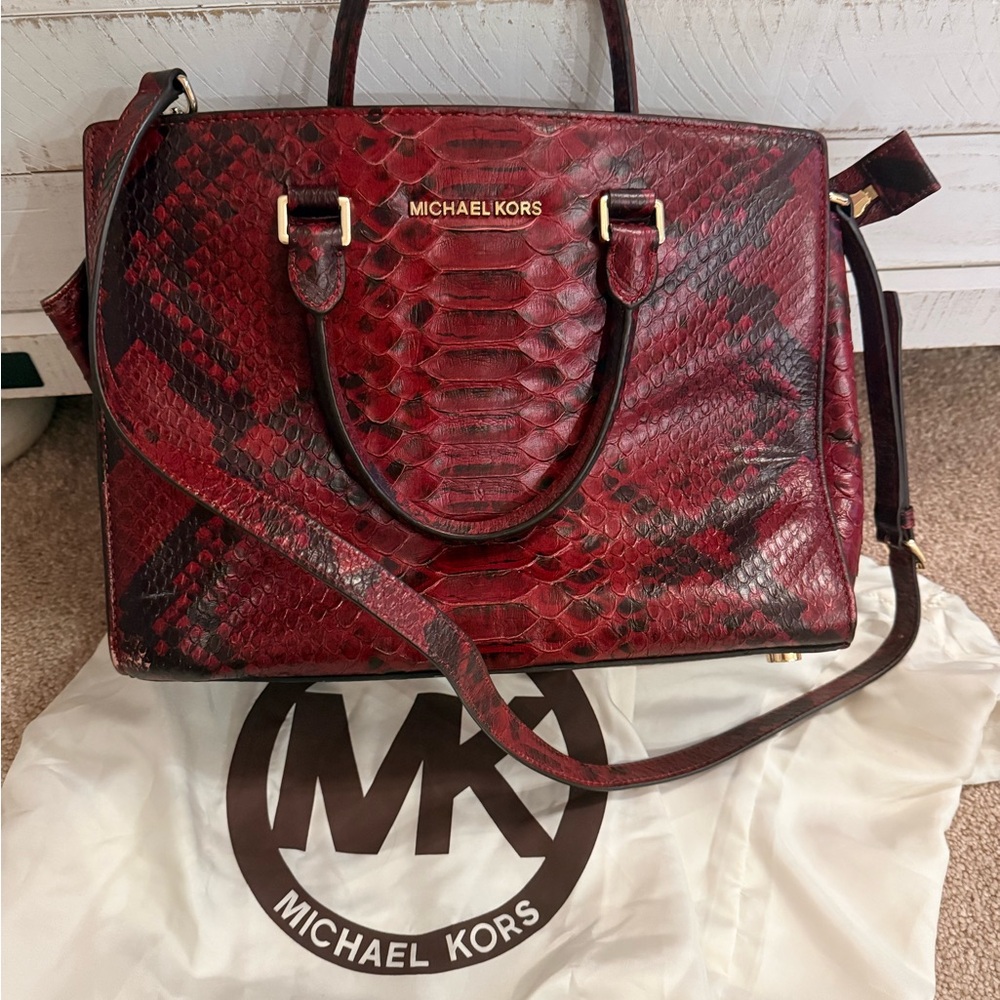 Michael Kors Burgundy Python-Embossed Satchel